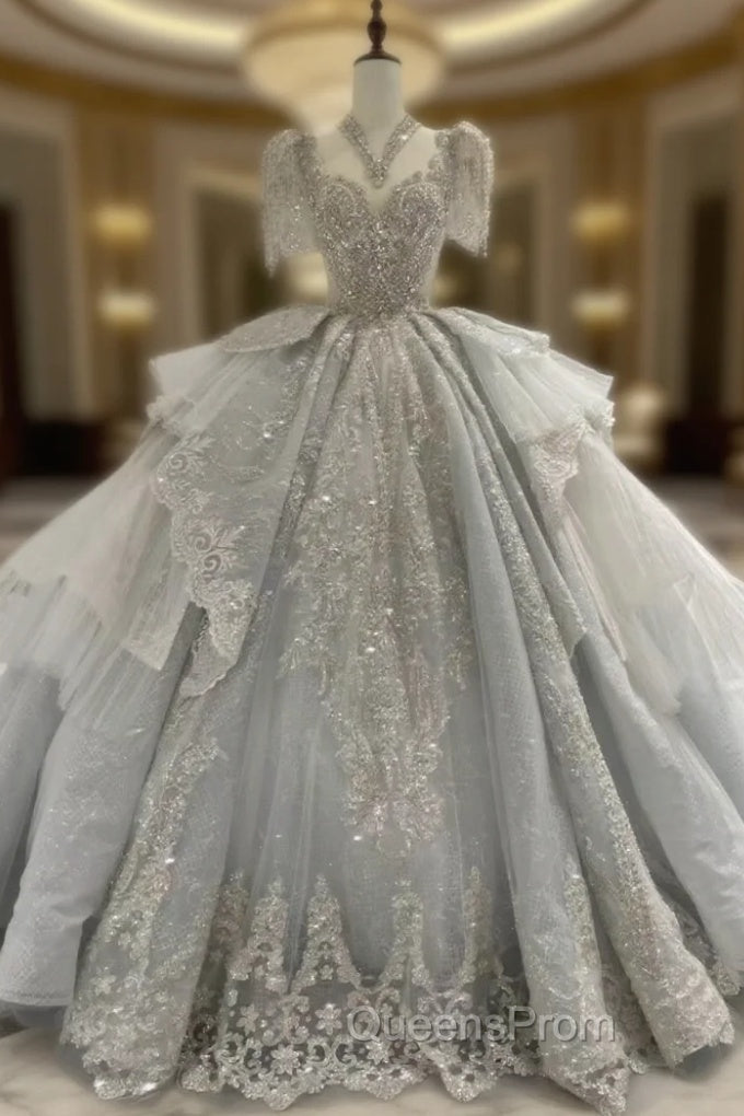 Ball Gown Tulle Sequins Long Train Wedding Dress Main image