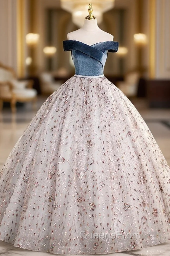 Ball Gown Tulle Velvet Sequins Off the Shoulder Quinceanera Dress