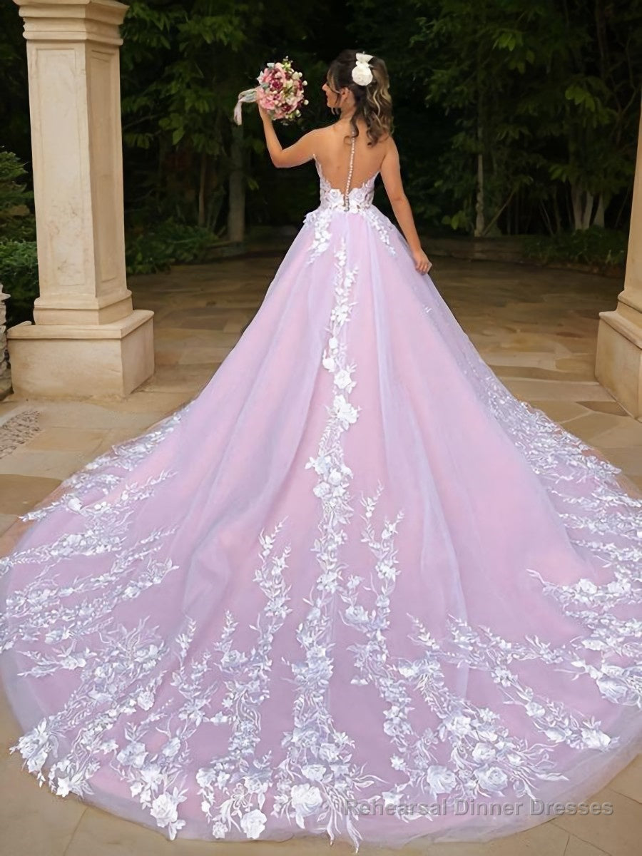 Ball Gown V-neck Chapel Train Lace Wedding Dresses With Appliques Lace Secondary image