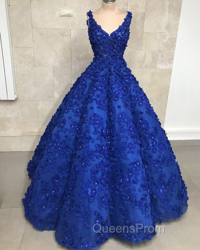 Ball Gown V Neck Dress With 3D Lace Flowers
