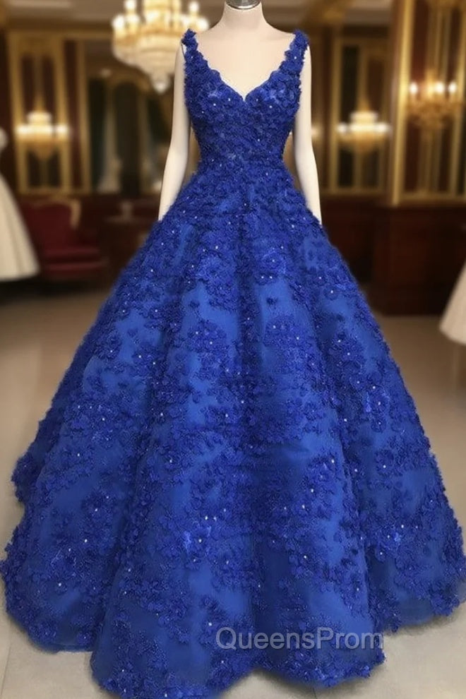 Ball Gown V Neck Dress With 3D Lace Flowers Main image