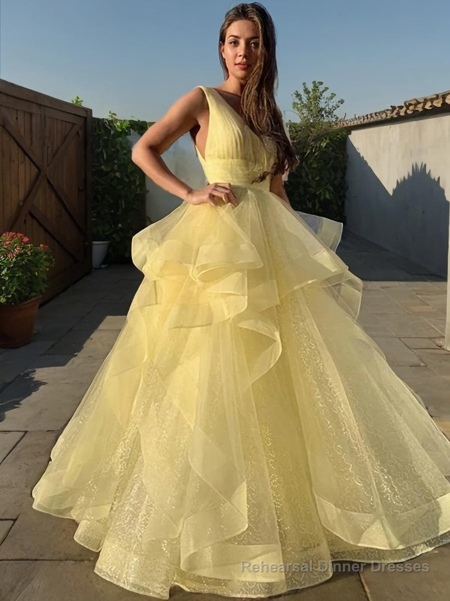 Ball Gown V-neck Floor-Length Tulle Prom Dresses With Pleated Main image
