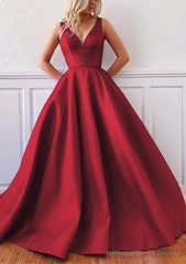 Ball Gown V Neck Sleeveless Satin Sweep Train Prom Dresses