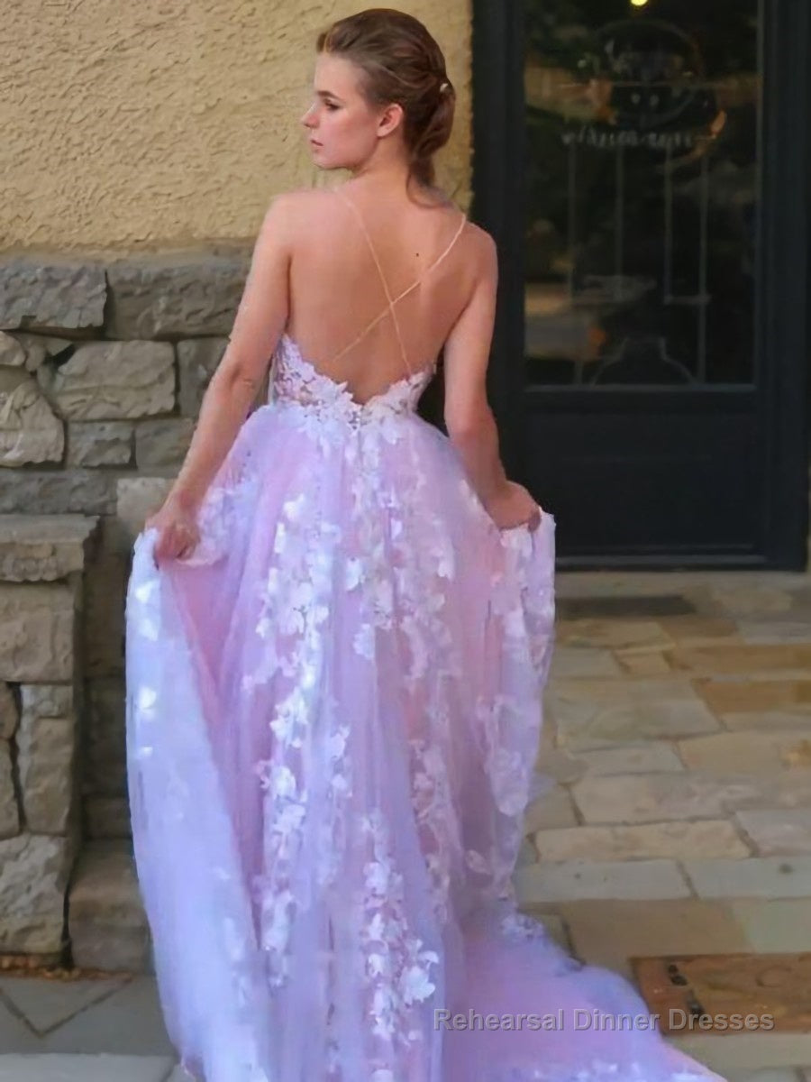 Ball Gown V-neck Sweep Train Lace Prom Dresses With Appliques Lace Secondary image