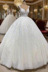 Ball Gown V-neck Wide Strap Floor Length Tulle Applique Wedding Dress