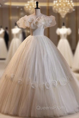 Ball Gown White Tulle 3D Flower Wedding Dress