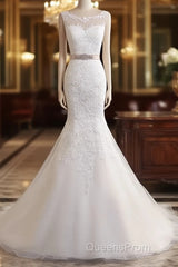 Bateau Neckline Mermaid Tulle Lace Wedding Dress With Appliques