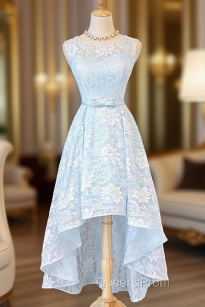 Bateau Sleeveless Asymmetrical A-line/Princess Lace Evening Prom Dress With Waistband Bowknot