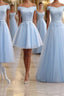 Sky Blue A Line Lace Off Shoulder Evening Prom Dress, Lace Evening Dress