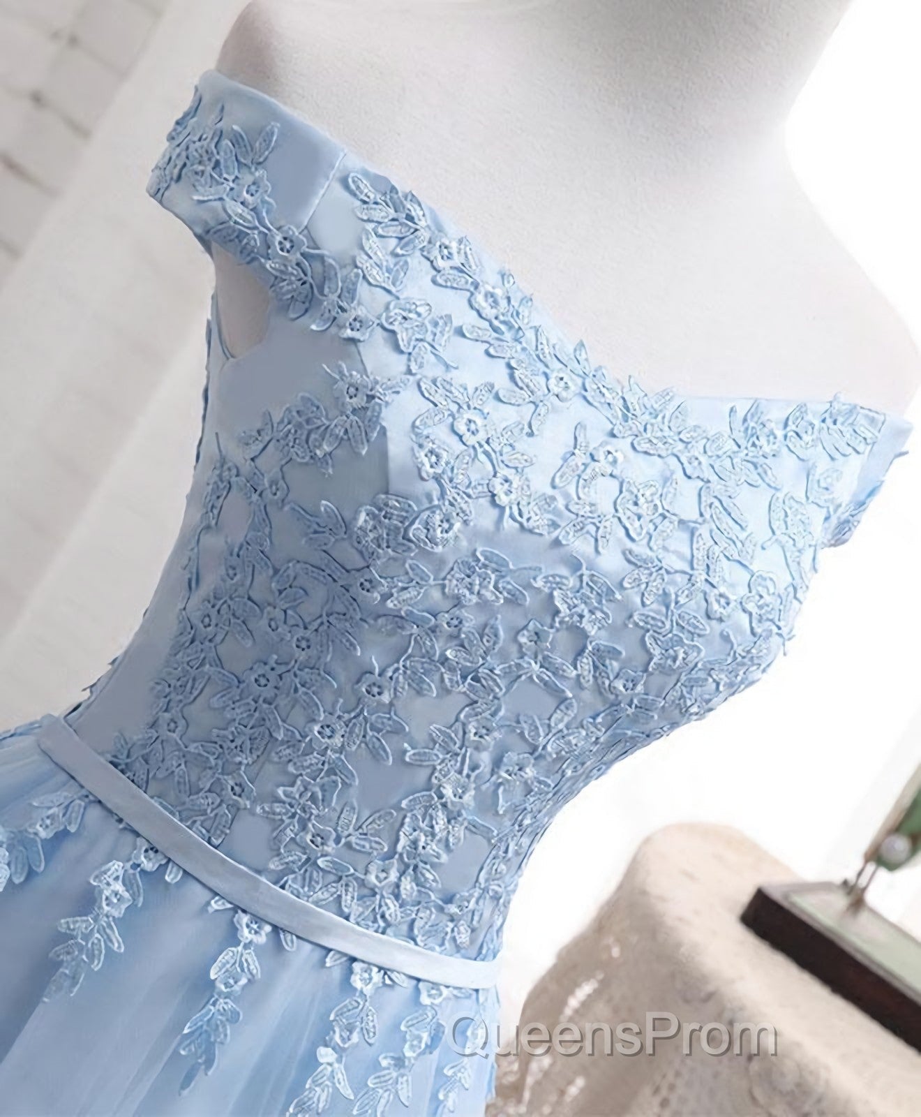 Sky Blue A Line Lace Off Shoulder Evening Prom Dress, Lace Evening Dress Secondary image
