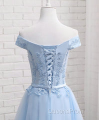 Sky Blue A Line Lace Off Shoulder Evening Prom Dress, Lace Evening Dress
