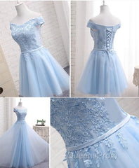 Sky Blue A Line Lace Off Shoulder Evening Prom Dress, Lace Evening Dress