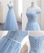 Sky Blue A Line Lace Off Shoulder Evening Prom Dress, Lace Evening Dress