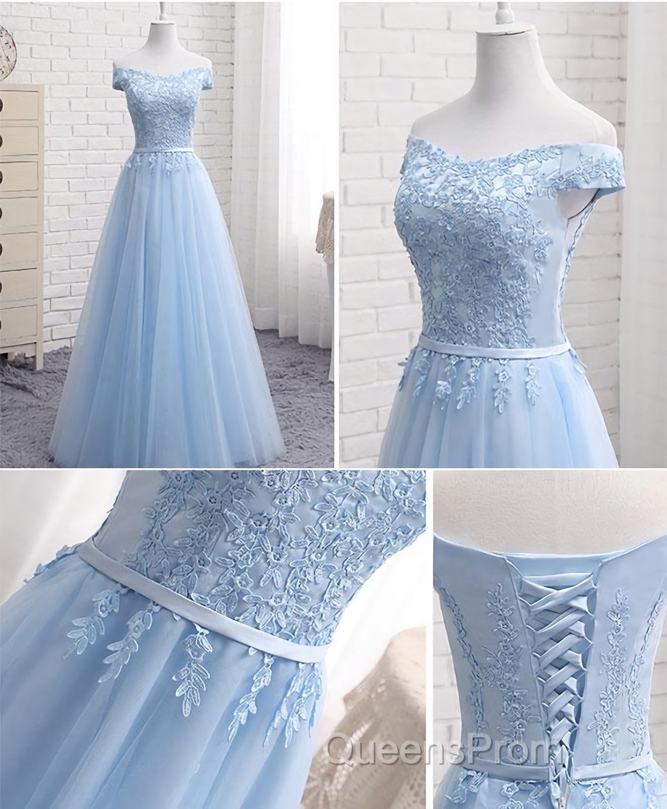 Sky Blue A Line Lace Off Shoulder Evening Prom Dress, Lace Evening Dress