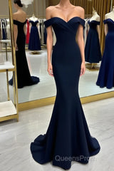 Long Navy Evening Prom Dress Mermaid Off-the-Shoulder Sweetheart Sleeveless