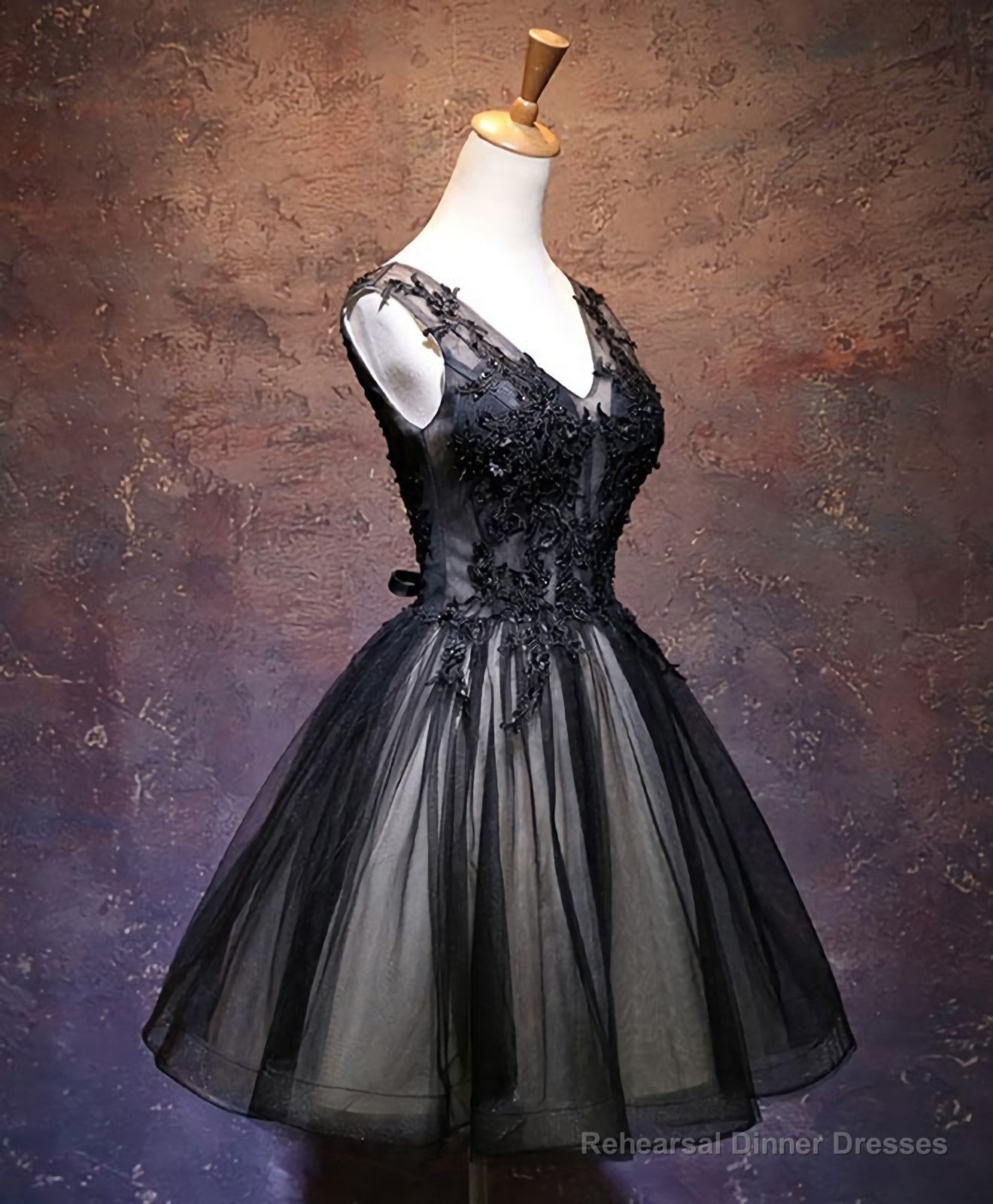 Black V Neck Lace Short Prom Dress, Black Party Dress Secondary image