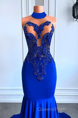 Royal Blue High Neck Sleeveless Mermaid Evening Prom Dress with Beadings