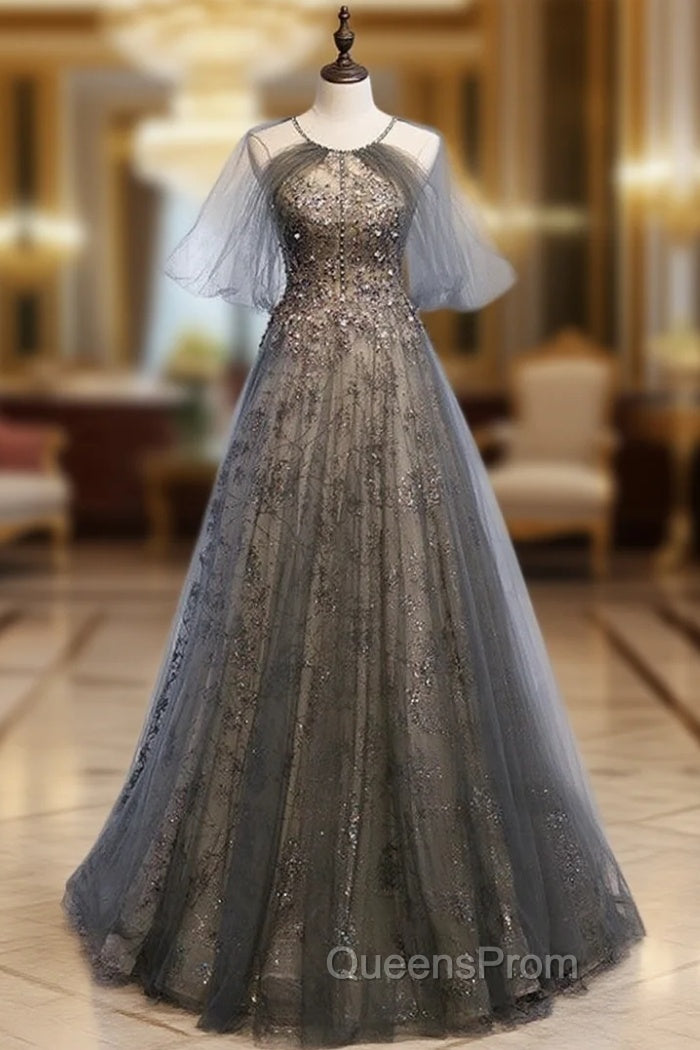 Be Crowned Evening Prom Queen In Short Sleeves Halter Gray Tulle Sparkle Sequin Backless Evening Prom Dress Main image