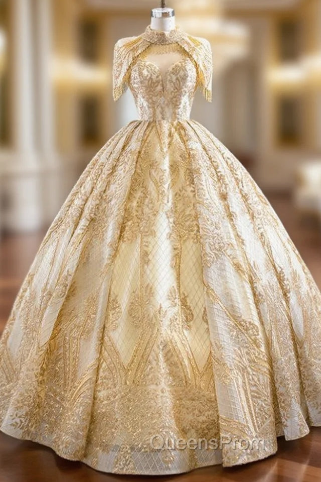 Be The Evening Prom Queen Gold Ball Gown Sequins Sweetheart Neck Pleats Long Wedding Dress Main image