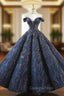 Be The Evening Prom Queen In Navy Blue Sequins Ball Gown Off The Shoulder Evening Prom Dress