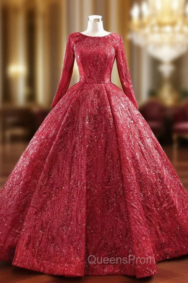 Be The Evening Prom Queen In Red Ball Gown Sequins Long Sleeve Evening Prom Dress Main image