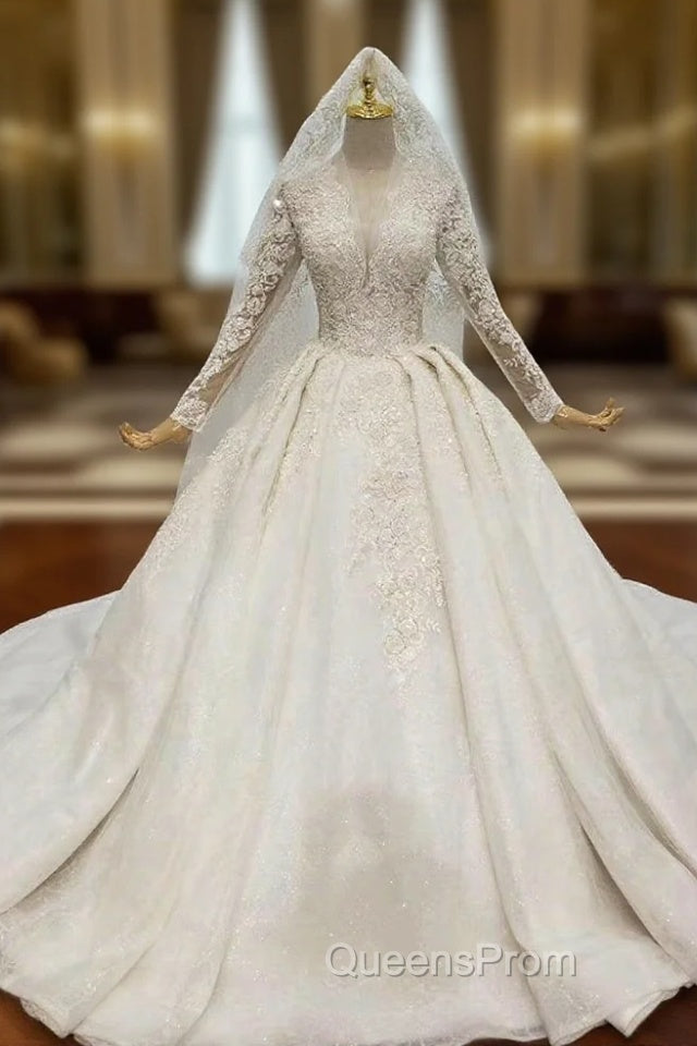 Be The Evening Prom Queen White Tulle Lace Appliques V-neck Long Sleeve Wedding Dress Main image