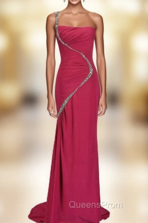 Beaded Chiffon One Shoulder Wedding Party Evening Dress Mother of The Bride Dress Main image