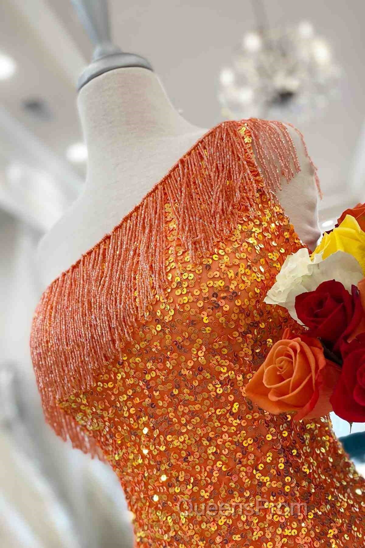 Beaded Fringe Orange Tight Short Homecoming Dress Cocktail Dress Wedding