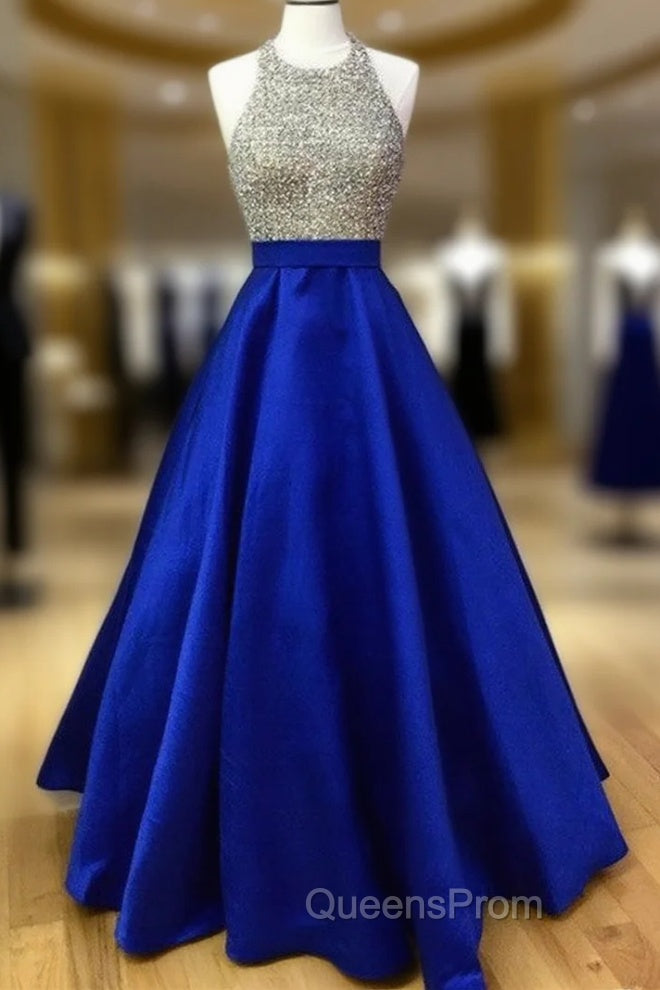Beaded Halter Satin Ball Gown Evening Prom Dress With Pockets Main image
