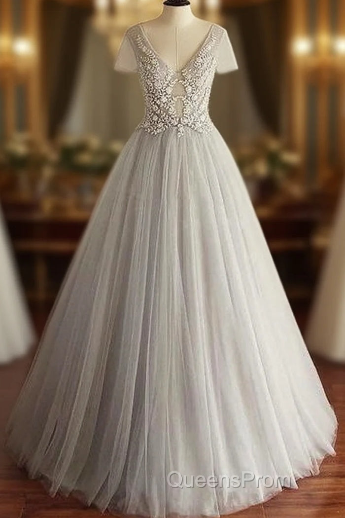 Beaded Lace Appliques Tulle V-Neck Gray A-Line Wedding Dress Main image