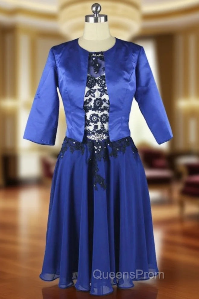Beaded Lace Chiffon Knee Length Blue Mother Of The Bride Dress