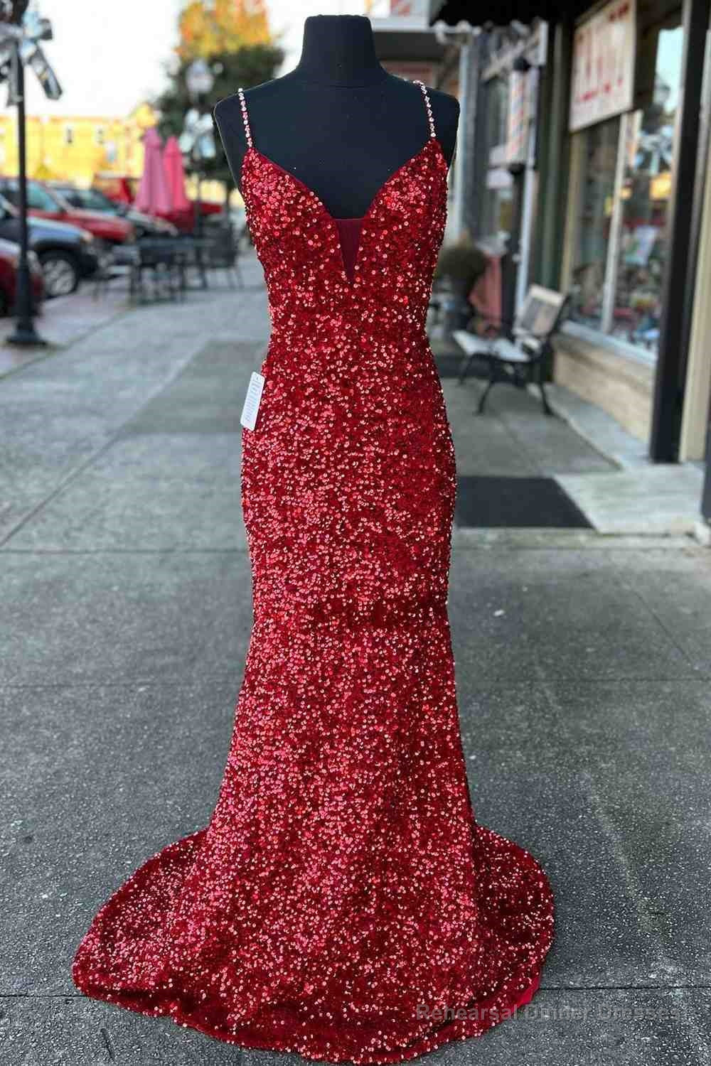 Beaded Straps Burgundy Sequins Mermaid Long Prom Dress,Evening Dresses Elegant Main image