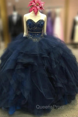 Beaded Sweetheart Organza Ruffle Snavy Blue Quinceanera Dress Ball Gowns