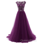 Beaded Tulle Long Party Gown, Tulle Cap Sleeves Evening Dress