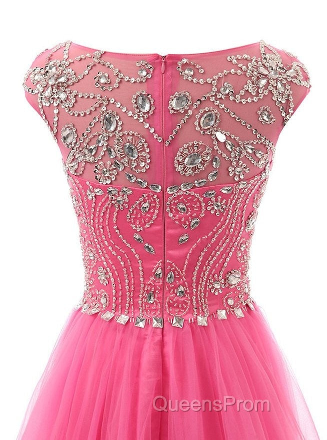 Beaded Tulle Long Party Gown, Tulle Cap Sleeves Evening Dress