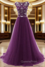 Beaded Tulle Long Party Gown, Tulle Cap Sleeves Evening Dress