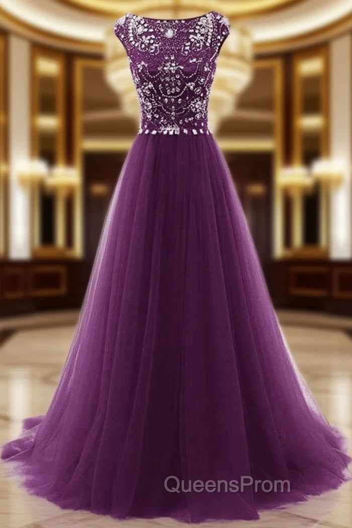 Beaded Tulle Long Party Gown, Tulle Cap Sleeves Evening Dress