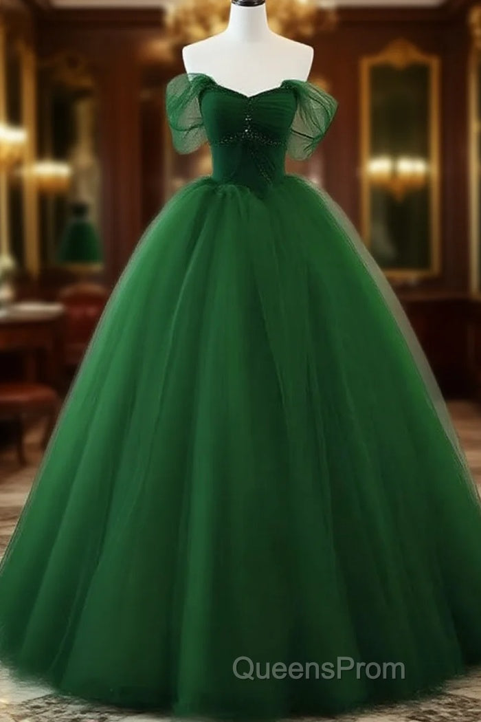 Beaded Tulle Off Shoulder Long Party Dress Tulle A-Line Evening Prom Dress Ball Gown Quinceanera Dress Main image