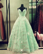 Beaded Tulle Evening Prom Dress Ball Gown Plunge Neck
