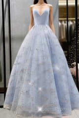 Beaded Tulle Evening Prom Dress Ball Gown Plunge Neck