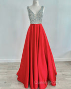 Beaded V Neck Long Satin Violet Evening Prom Dress