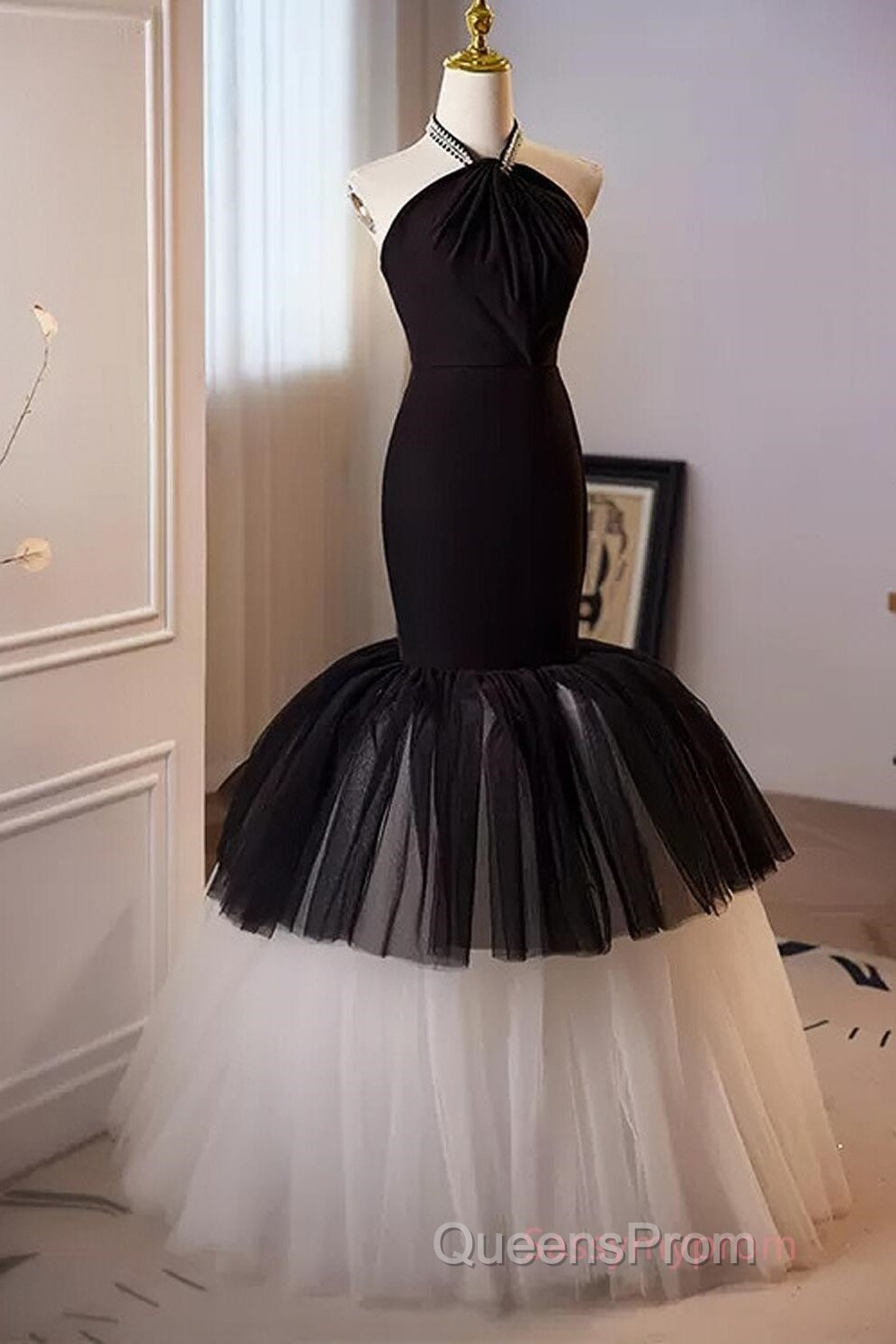 Beading Mermaid Black And White Halter Tulle Evening Prom Dress Secondary image