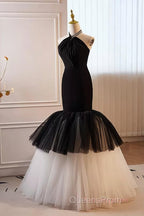 Beading Mermaid Black And White Halter Tulle Evening Prom Dress