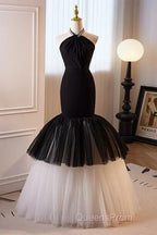 Beading Mermaid Black And White Halter Tulle Evening Prom Dress