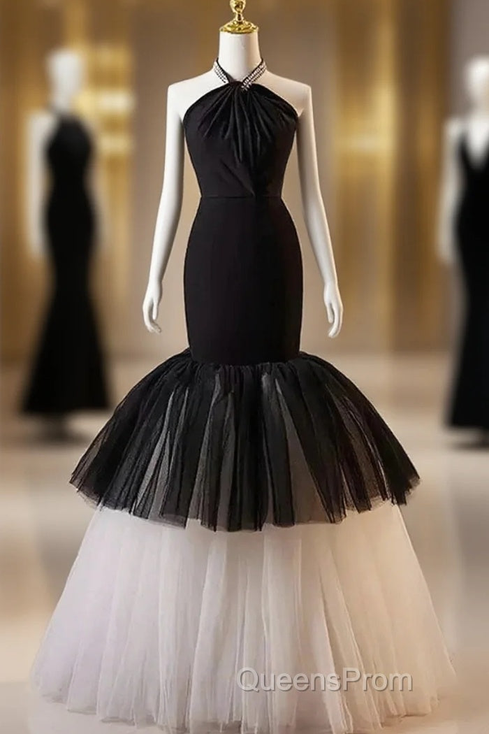 Beading Mermaid Black And White Halter Tulle Evening Prom Dress Main image