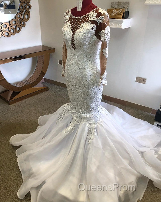 Beading Mermaid Sheer Tulle Wedding Dress Appliques Long Sleeves Bridal Dress Secondary image