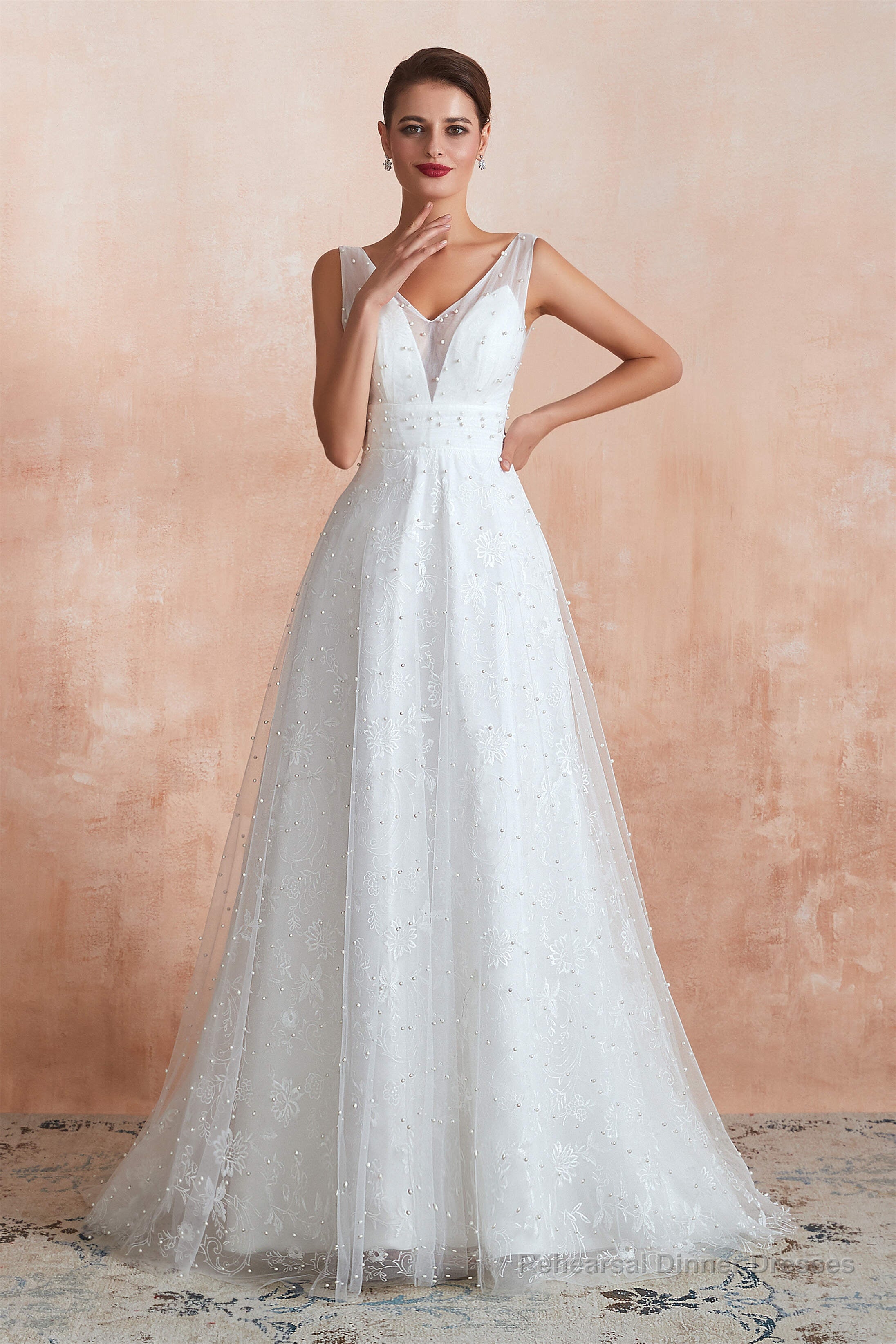 Beading Pearls Lace Floor Length Straps V-Back Backless White A-Line Wedding Dresses Main image