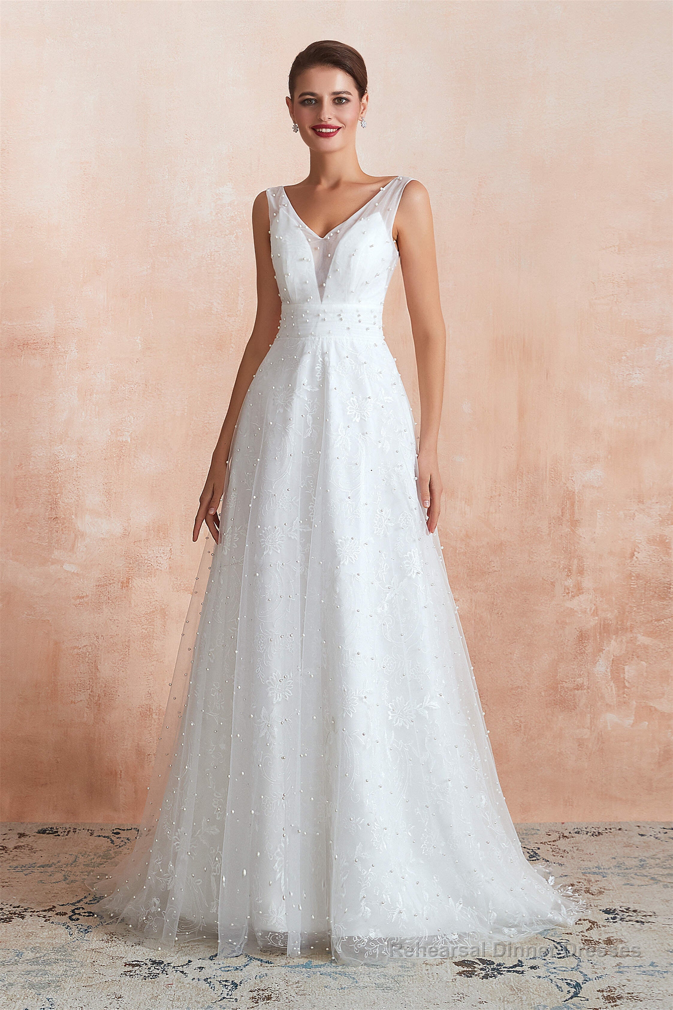 Beading Pearls Lace Floor Length Straps V-Back Backless White A-Line Wedding Dresses Secondary image