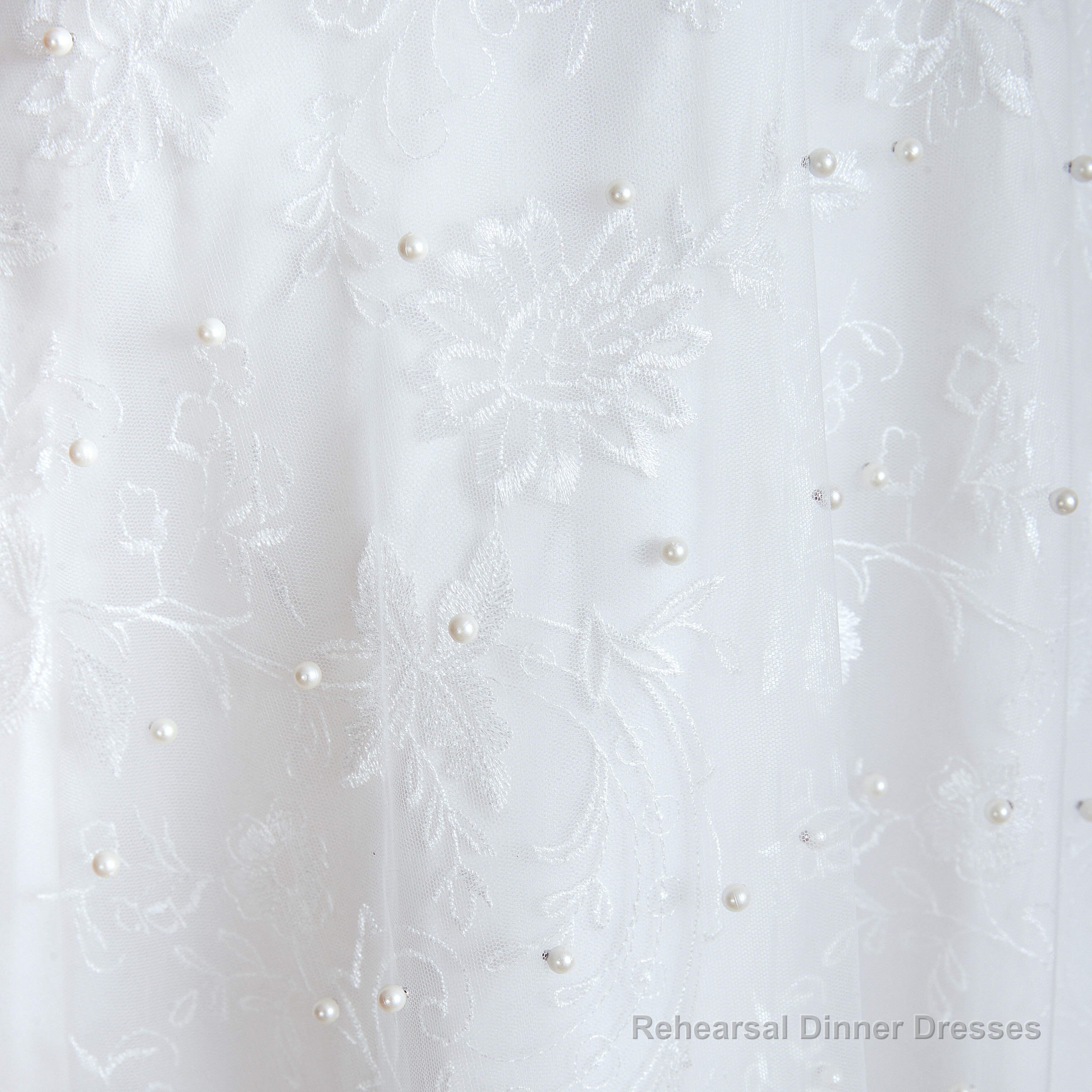 Beading Pearls Lace Floor Length Straps V-Back Backless White A-Line Wedding Dresses