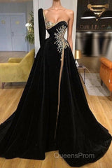 Beading Sweetheart A-line Black Evening Prom Dress With One Sleeve
